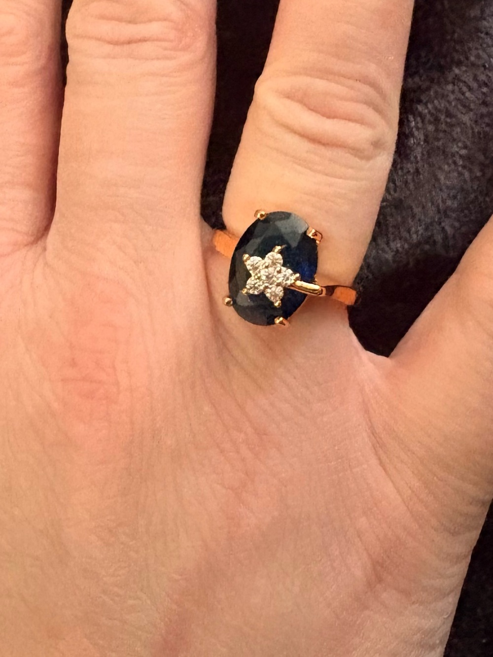 Gold Ring with iolite Oval Stone and CZ Star Accent 18k plated